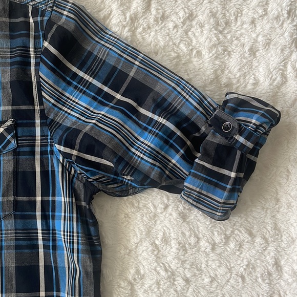 INC International Concepts Blue Black Gray plaid shirt Convertible sleeves Sz L. - Picture 5 of 10